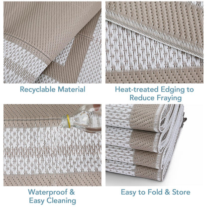 GarveeHome Outdoor Patio Rug 10x20 Plastic Straw Rug Waterproof Large Outdoor Rugs Reversible Portable Camping Rugs Lightweight Floor Mat for RV Porch Balcony Patios Picnic Outside Grey Beige Panel