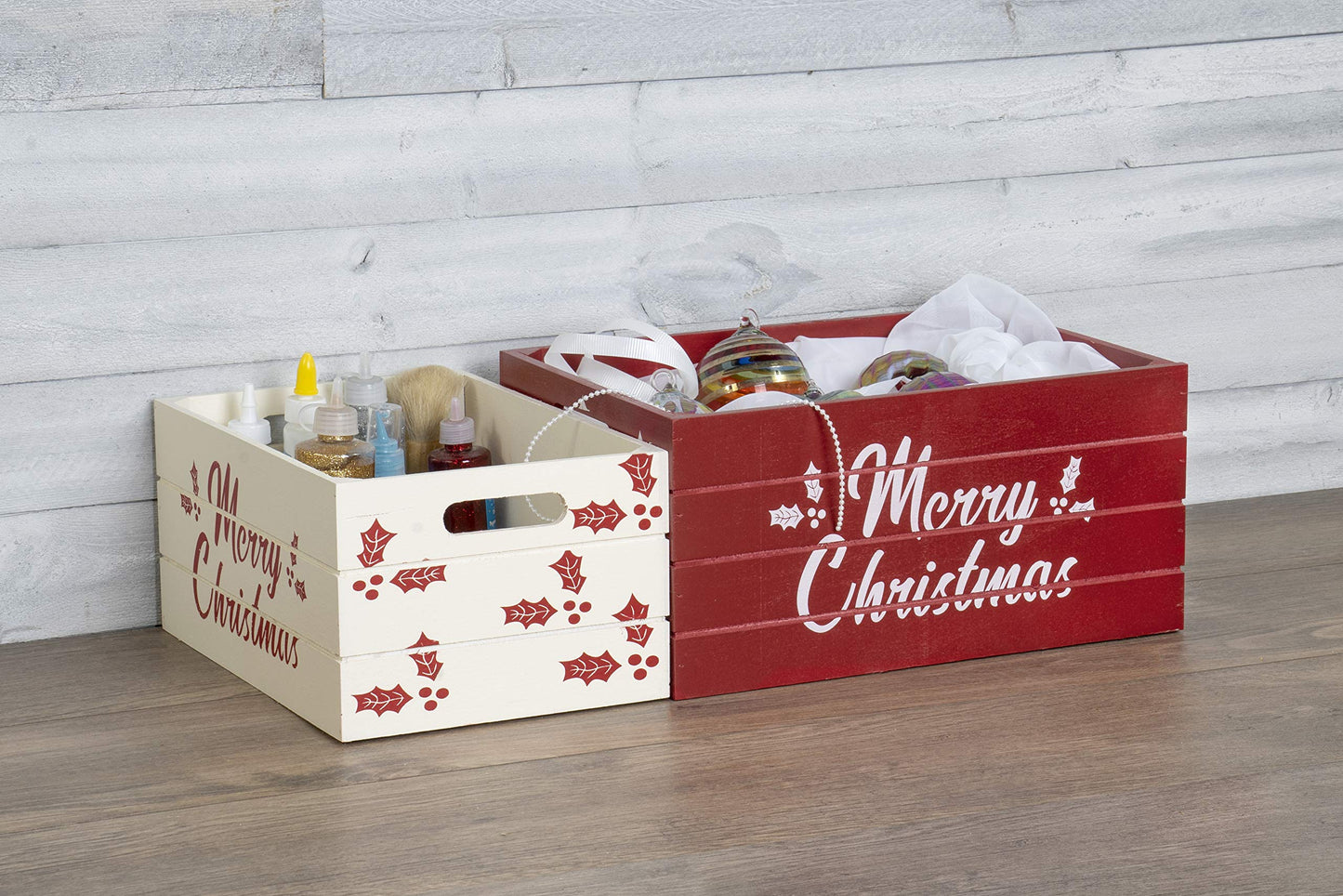 Red Co. Set of 2 Red and White Decorative Nesting Wooden Merry Christmas Storage Crate Organizers with Lettering