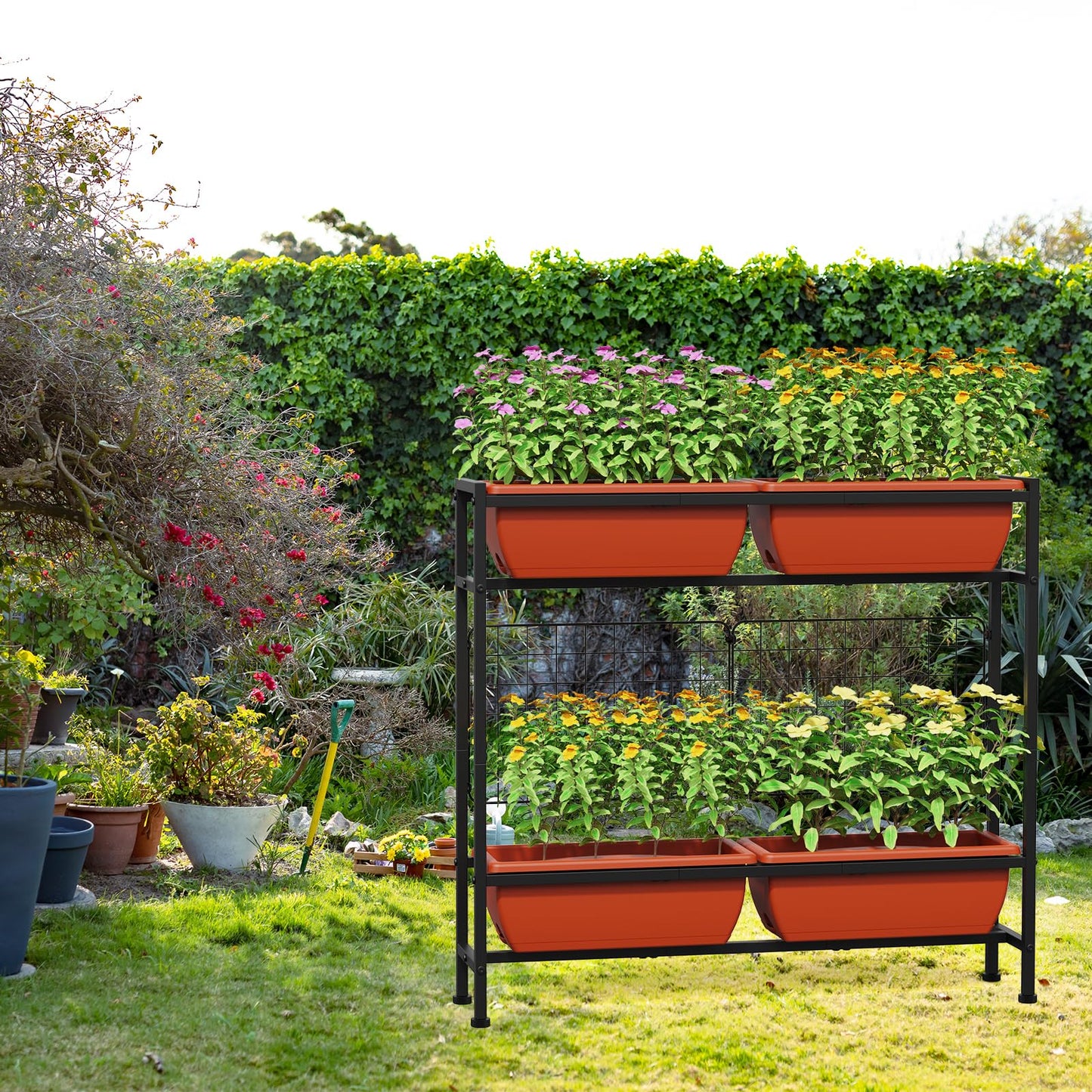 CADUKE Raised Garden Bed, Garden Raised Planter Box with Legs, 32" Elevated Vegetable Garden Beds with Drainage Holes & Trellis, Herb Garden Planter Outdoor for Vegetables, Balcony, Red