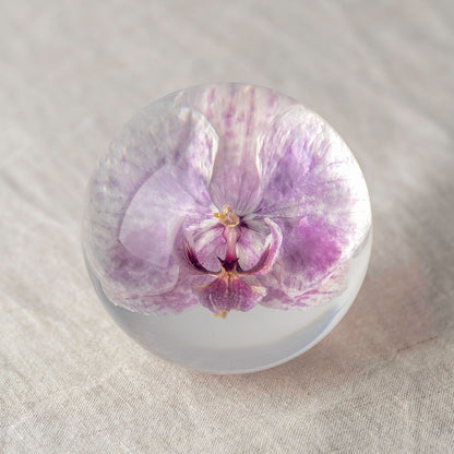 NouvoCrescent Real Purple Orchid Paperweight - Home Decor Crystal Resin Ball 3.14in (80mm) - Clear Resin Purple Orchid Flower Globe for Special Days - Sphere Figurine Office Paperweight w/Flat Bottom
