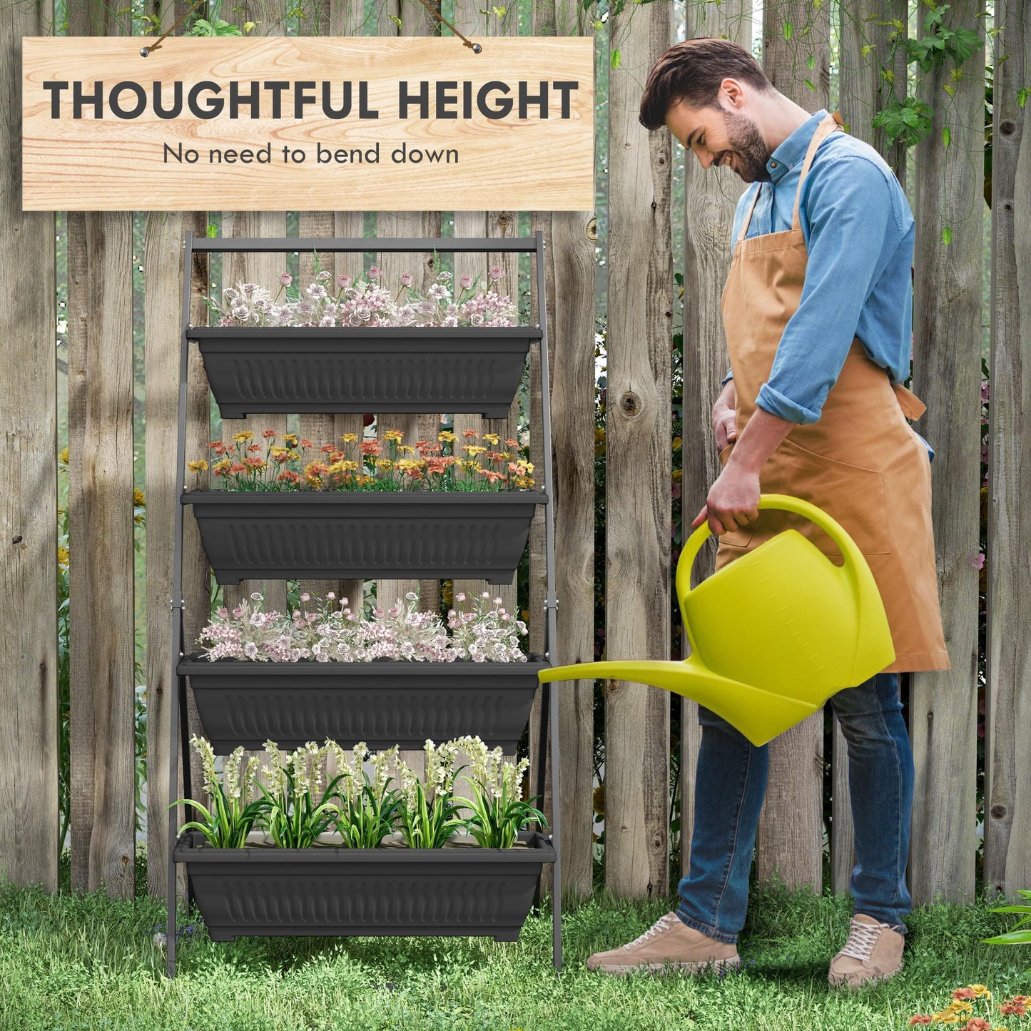ZEnvya 4-Tier Vertical Raised Garden Bed with Stand - Self-Draining Outdoor Planter Set for Vegetables/Herbs, Black Plastic