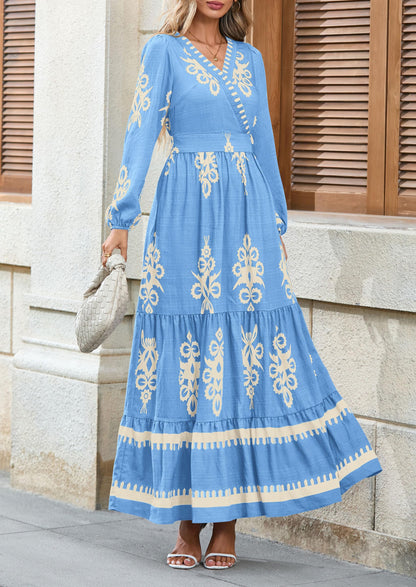 PRETTYGARDEN Women's 2025 Fall Wedding Guest Dresses Boho Floral Long Sleeve V Neck Flowy Elegant Maxi Dress Beach Clothes