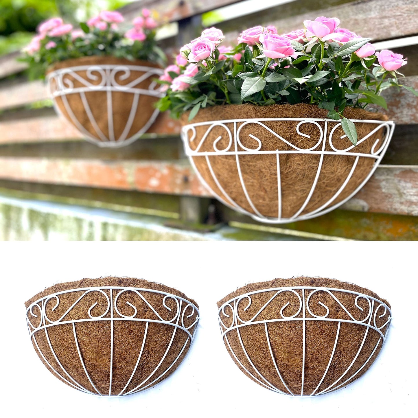 LaLaGreen Wall Mounted Flower Baskets (2 Pack, 12 Inch) Wall Hanging Planter with Coco Liner for Outdoor Plants, White Metal Wire Elegant Herb Pots Holder Fence Railing Deck Porch Balcony Garden Patio