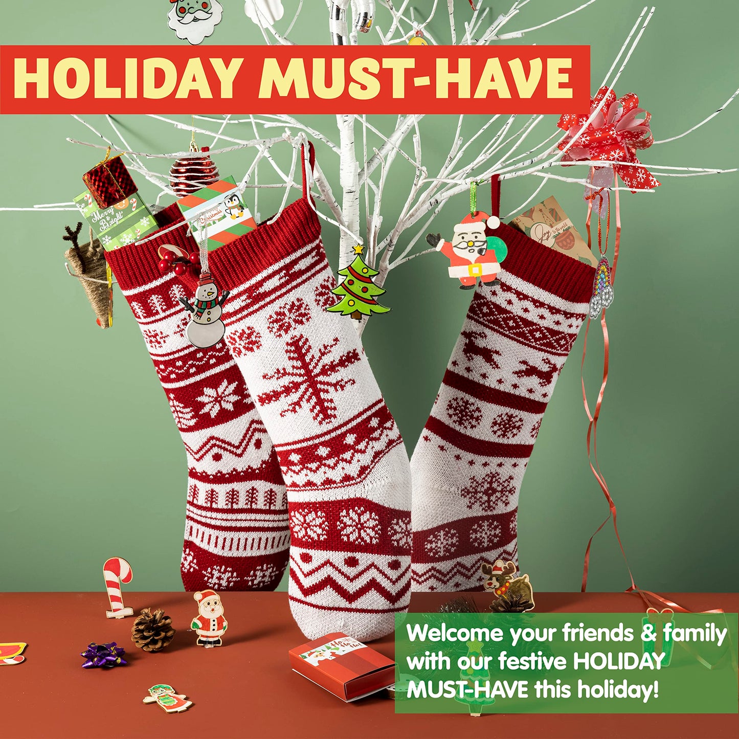 JOYIN 3 Pack 18" Knit Christmas Stockings, Large Rustic Yarn Xmas Stockings for Family Holiday Decorations