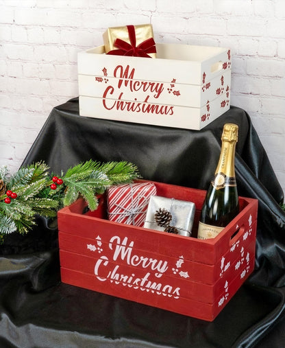 Red Co. Set of 2 Red and White Decorative Nesting Wooden Merry Christmas Storage Crate Organizers with Lettering