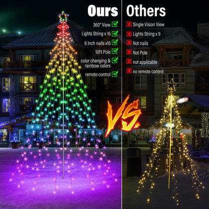 Flacchi Outdoor Star String Lights - Pole Set with Remote, Multiple Lighting Modes, Timer, and Waterproof Feature for Ultimate Holiday Decor (RGB, 10 FT/408LED)
