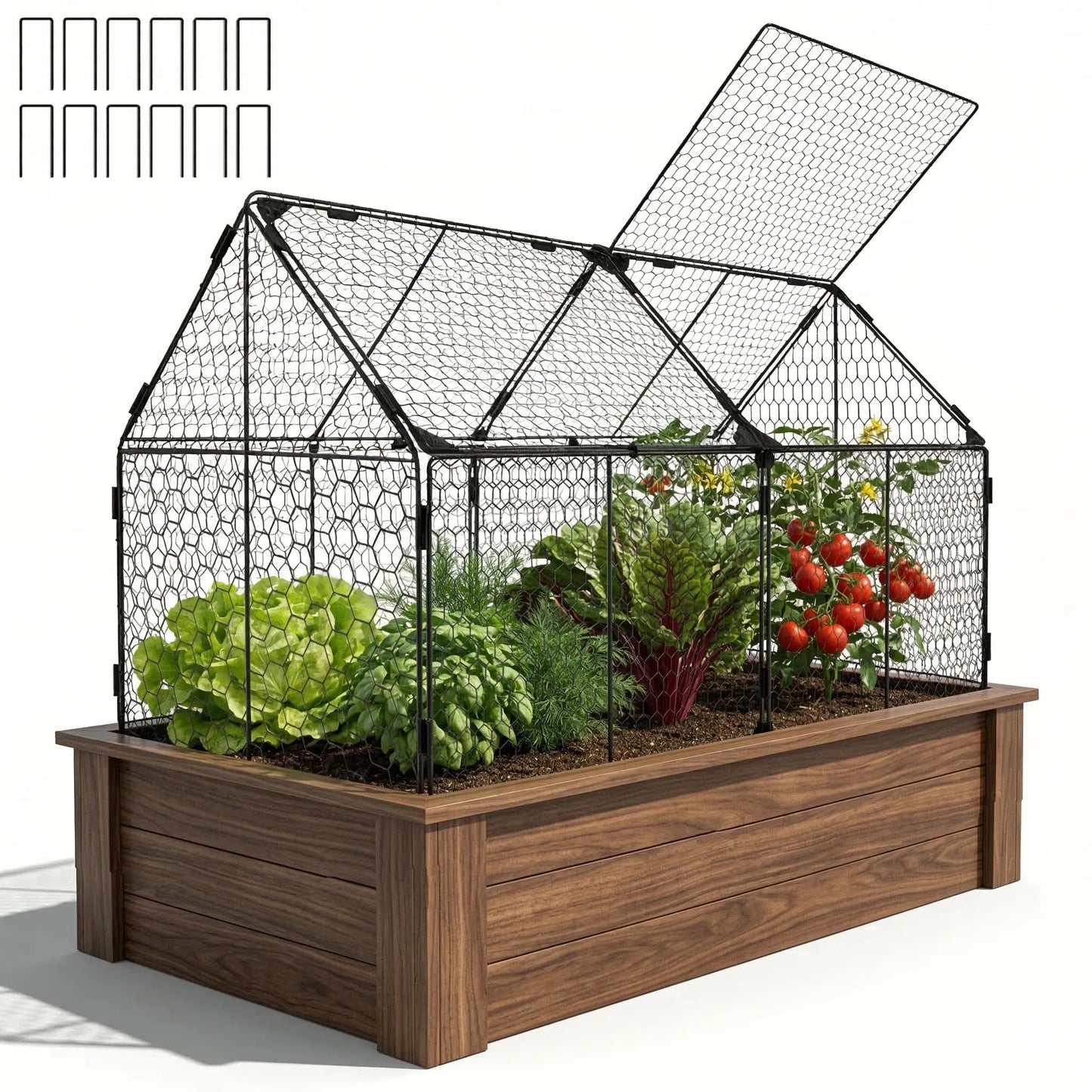 Decoroca 4x2ft Chicken Wire Plant Protectors - Crop Cage with Flip-Top&10 Ground Stakes, Outdoor Plant Protection Cage Keep Animals Out of Your Vegetable Garden - Suitable for 4x2ft Raised Garden Bed