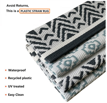 BalajeesUSA Outdoor Rug - 9x18 Grey, Teal, Reversible Recycled Plastic Straw Outdoor Patio Rugs Clearance Waterproof Large RV Camper Mats 7087