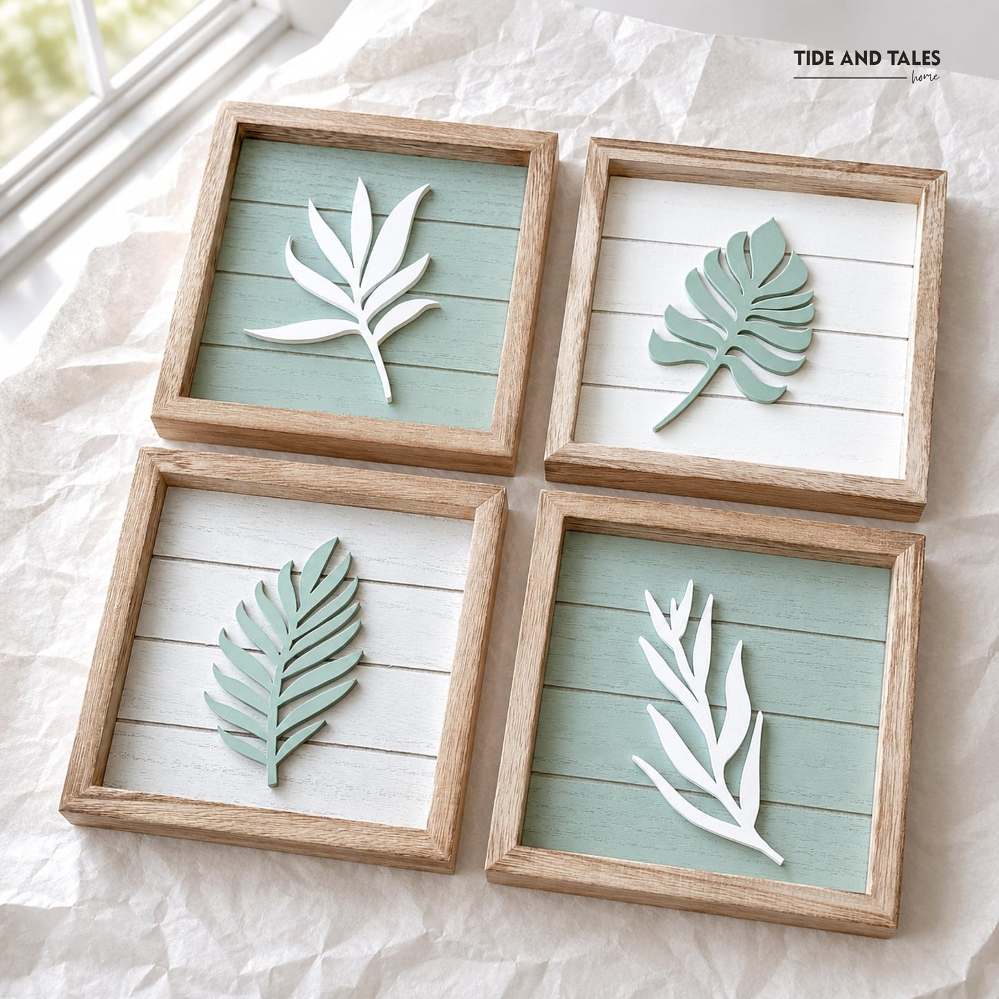 Tide and Tales 3D Sage Green Leaf Botanical Wall Art (Framed Set of 4) – Textured Boho Botanical Bathroom Art Wall Decor – Leaf & Plant Accent for Bedroom or Living Room 7"x7"