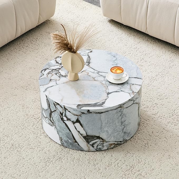 Round Coffee Table, 23.6" Modern Faux Marble Drum Coffee Table, Round Accent