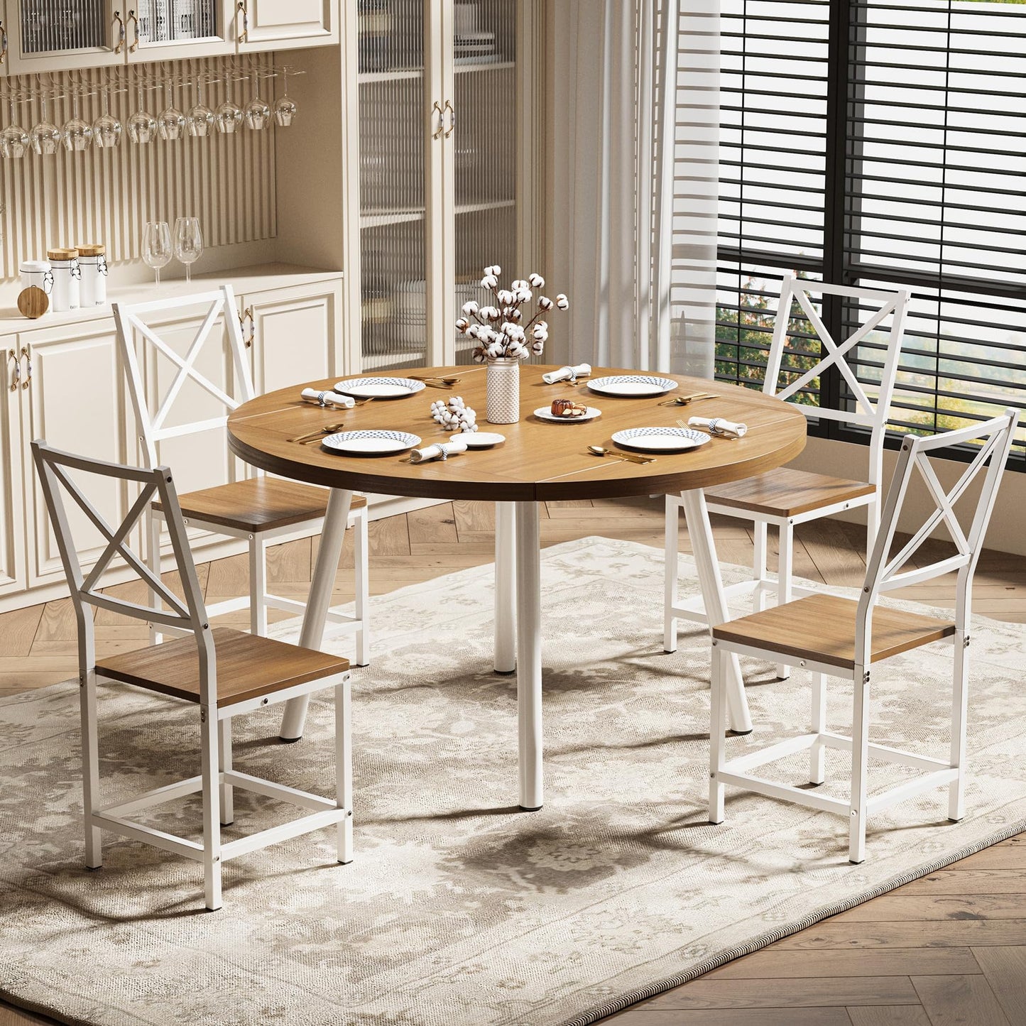 IRONCK Dining Table Set for 4, Round Kitchen Table and 4 Stool Chair for Dining Room, 44.5inch Drop Leaf Desk, Small Space Saving, Natural Wood