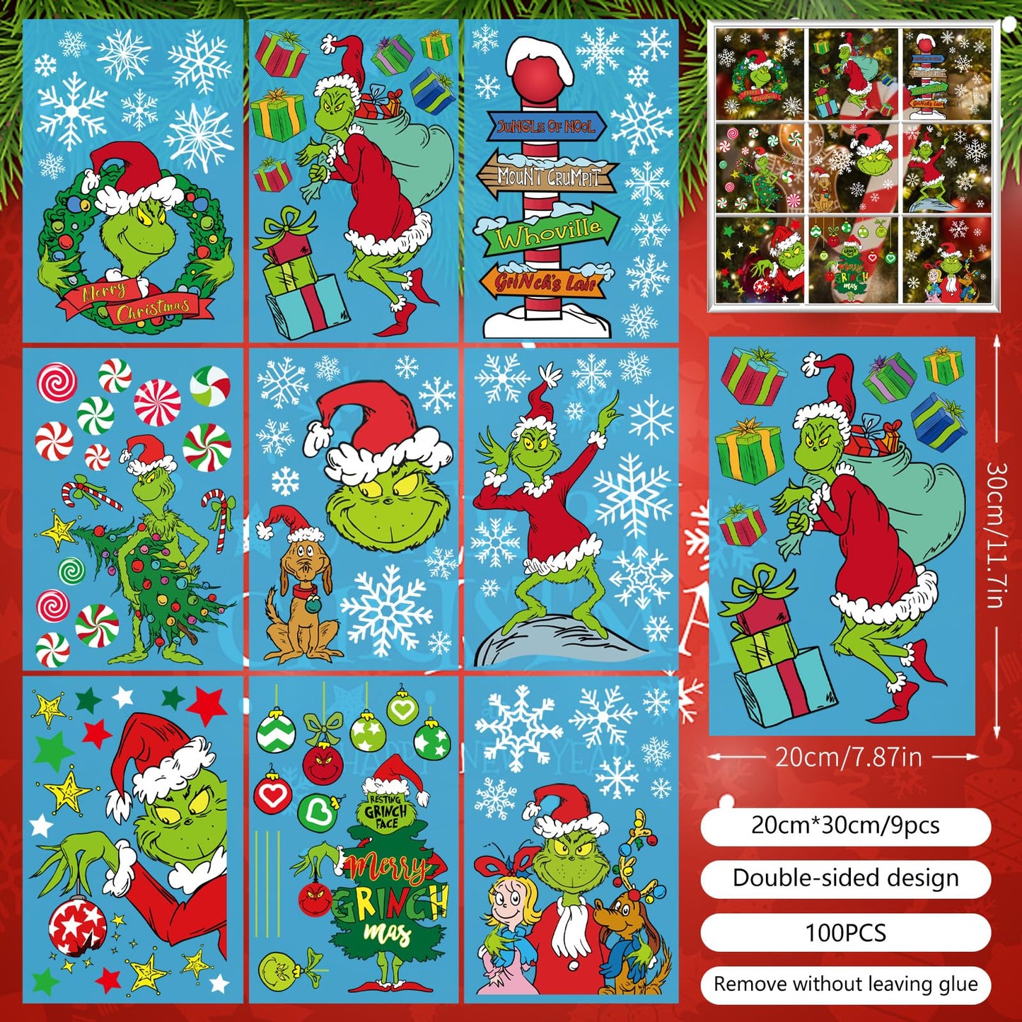 100 PCS Christmas Window Clings – Snowflake Window for Glass Windows, Double-Sided Reusable Static Christmas Decals for Winter Wonderland Decorations (9 Sheets)