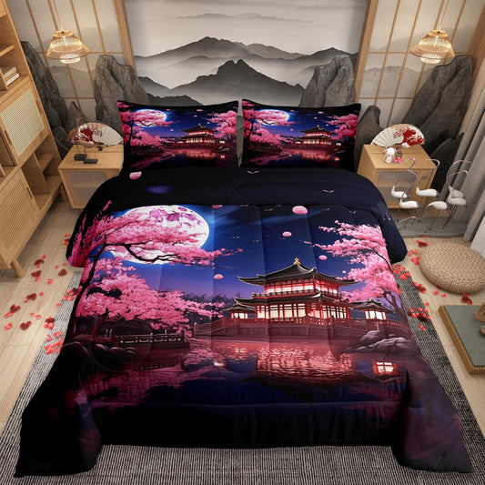 Pink Cherry Blossoms Comforter Set Full Size,Japanese Style Building View Bedding Set for Kids Girls Women Men Bedroom Decor,Night Moon Quilt Set Romantic Exotic Duvet Insert,2 Pillowcases