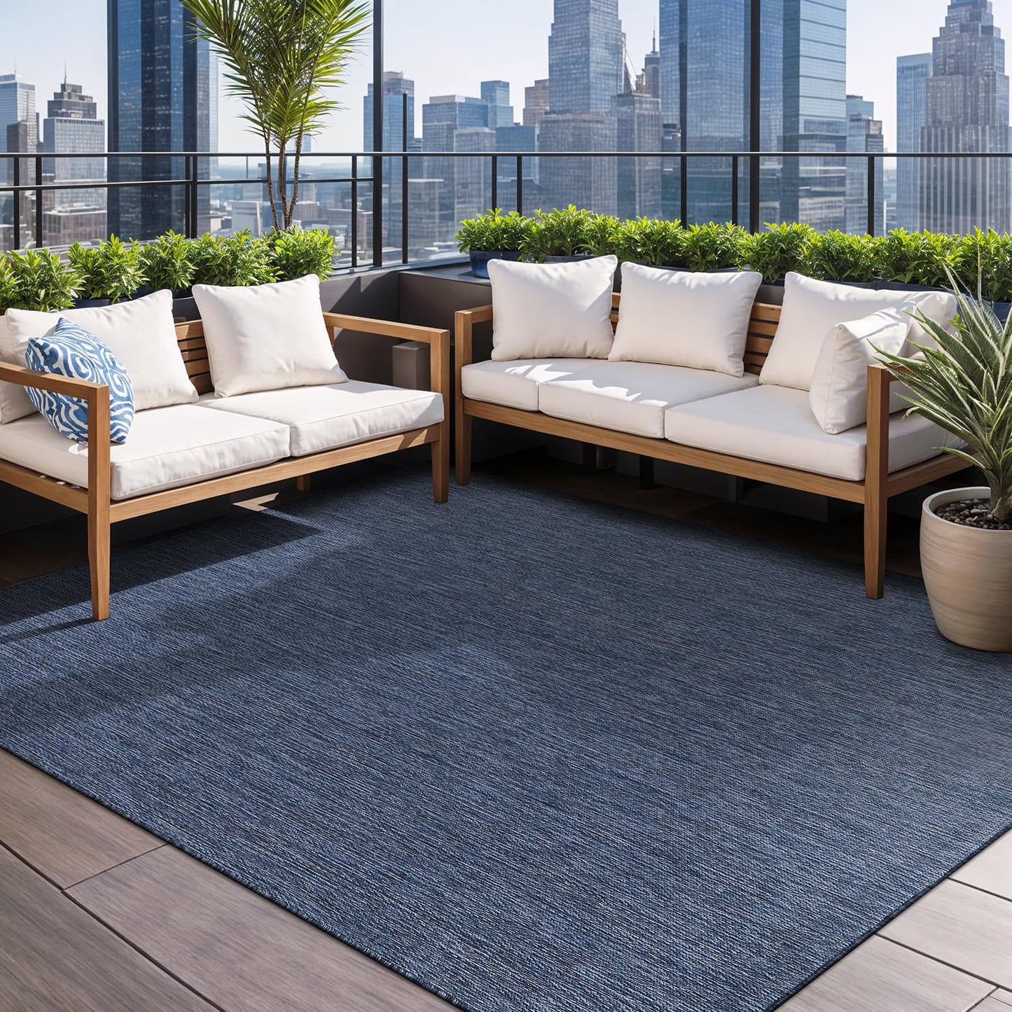 Beverly Rug Indoor Outdoor Rug 9x12, Washable Outside Carpet for Patio, Deck, Porch, Solid Modern Area Rug, Water Resistant, Azure Blue