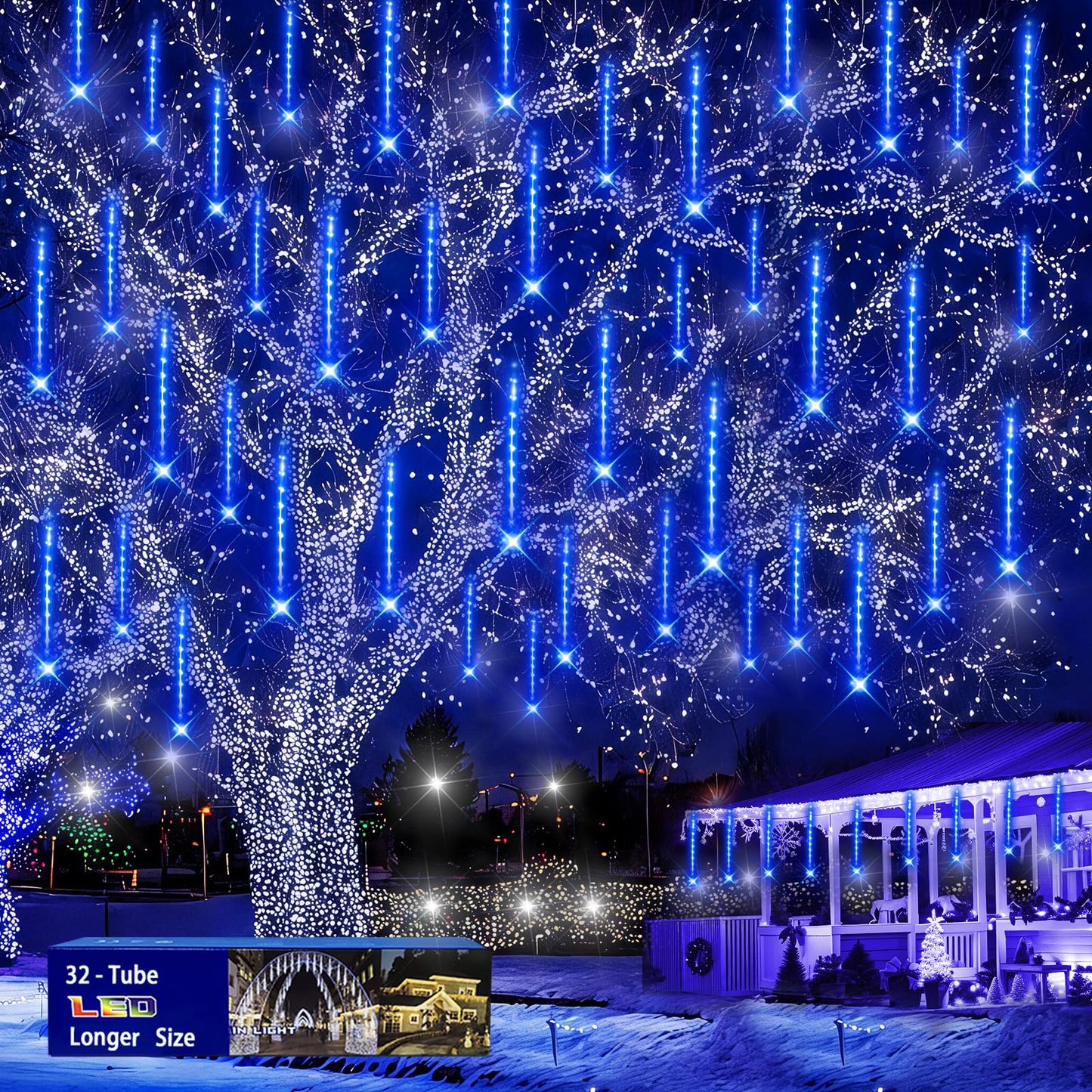 Christmas Lights Outdoors, 32 Tubes(Equivalent to 4 Sets of 8-Tubes) Meteor Shower Rain Lights - Blue lcicle Christmas Light Outdoor for Xmas Tree Wedding Party Holiday House Yard Decor, UL Plug