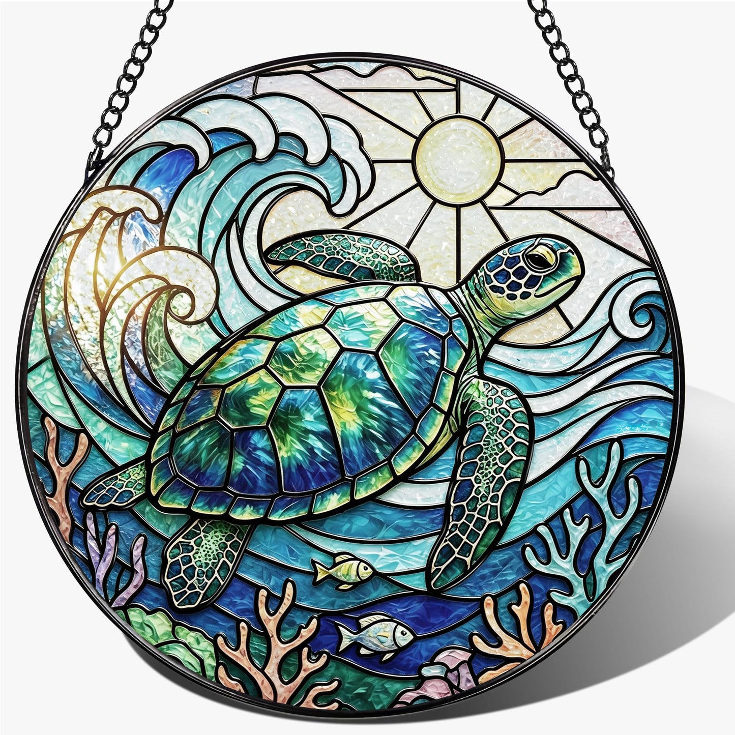 Stained Glass Window Hanging, 7.8 Inch Sea Turtle Stained Glass Suncatcher, Ocean Wave Window Hanging Ornament, Coastal Beach Decor, Sea Turtle Gifts for Ocean Lovers, Nature Lovers & Beach House