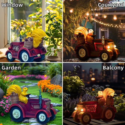 YUETJIN Solar Lighted Squirrel's Farm Tractor Statue, Outdoor Décor for Lawn Garden, Yard, Flower-Pool, Harvest Decoration, Gfit for Father
