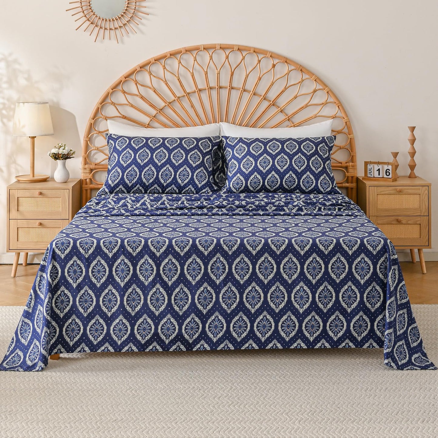 Yibeizi Navy Blue Patterned Queen Sheet Set Boho Printed Bed Sheets Microfiber Bedding Sheets & Pillowcases Soft 15" Extra Deep Pocket Fitted Bedsheet 4 Piece