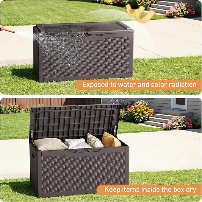 Greesum 100 Gallon Resin Deck Box Large Outdoor Storage Boxes with Cushions for Garden Tools, Patio Furniture Pillows, Pool Supplies, Dark Brown