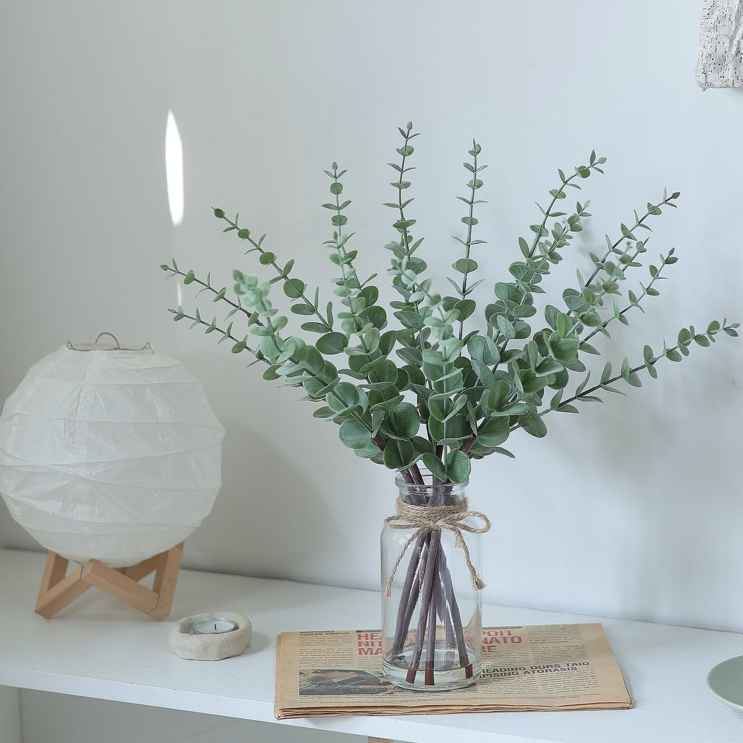 VIERENA 17.5" Artificial Eucalyptus Stems in Glass Vase with Faux Water,Fake Plant Eucalyptus Leaves White Seeds for Centerpiece Table Decorations Farmhouse Wedding Home Greenery Decor (Sage Green)