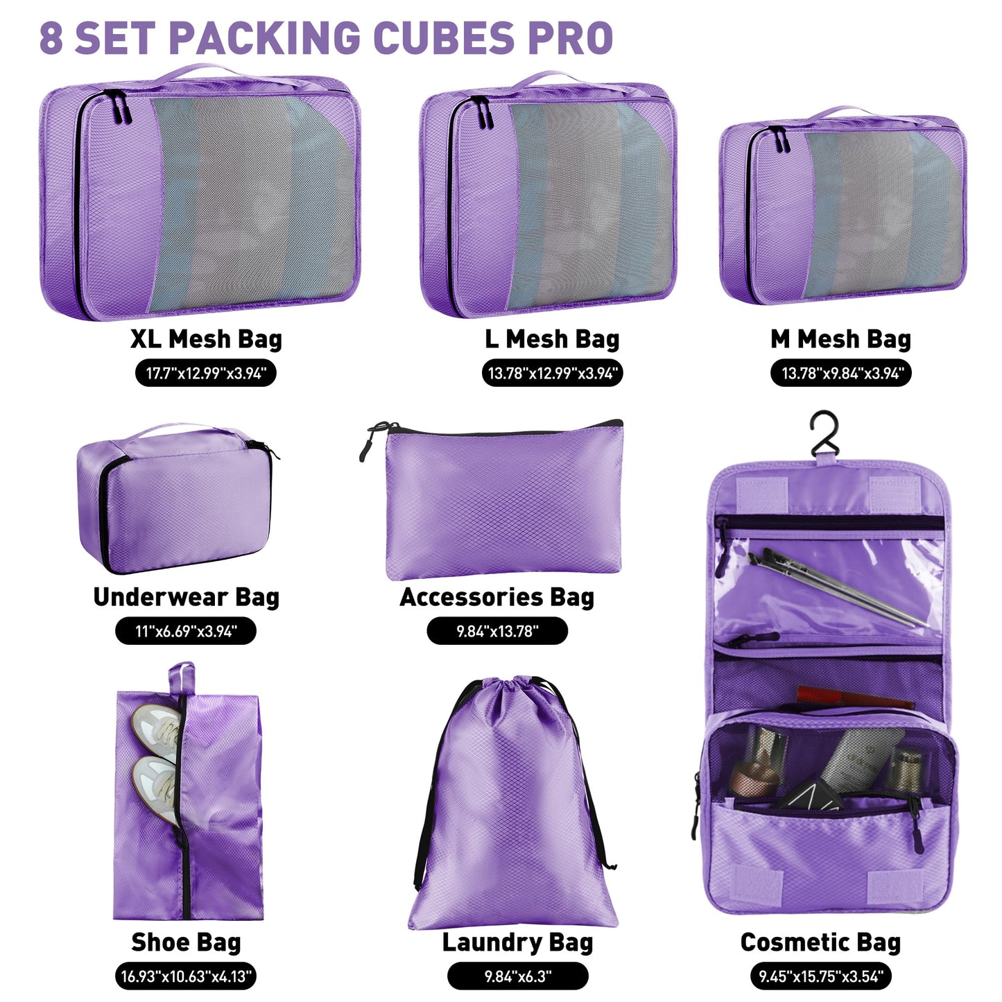 Toncoke 8 Set Packing Cubes for Travel Women Men Kids, Mesh Suitcase Organizer Bags Set for Luggage, 4 Sizes Extra Large, Large, Medium, Small, Travel Camping Essentials Accessories, Purple