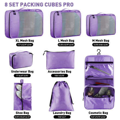 Toncoke 8 Set Packing Cubes for Travel Women Men Kids, Mesh Suitcase Organizer Bags Set for Luggage, 4 Sizes Extra Large, Large, Medium, Small, Travel Camping Essentials Accessories, Purple
