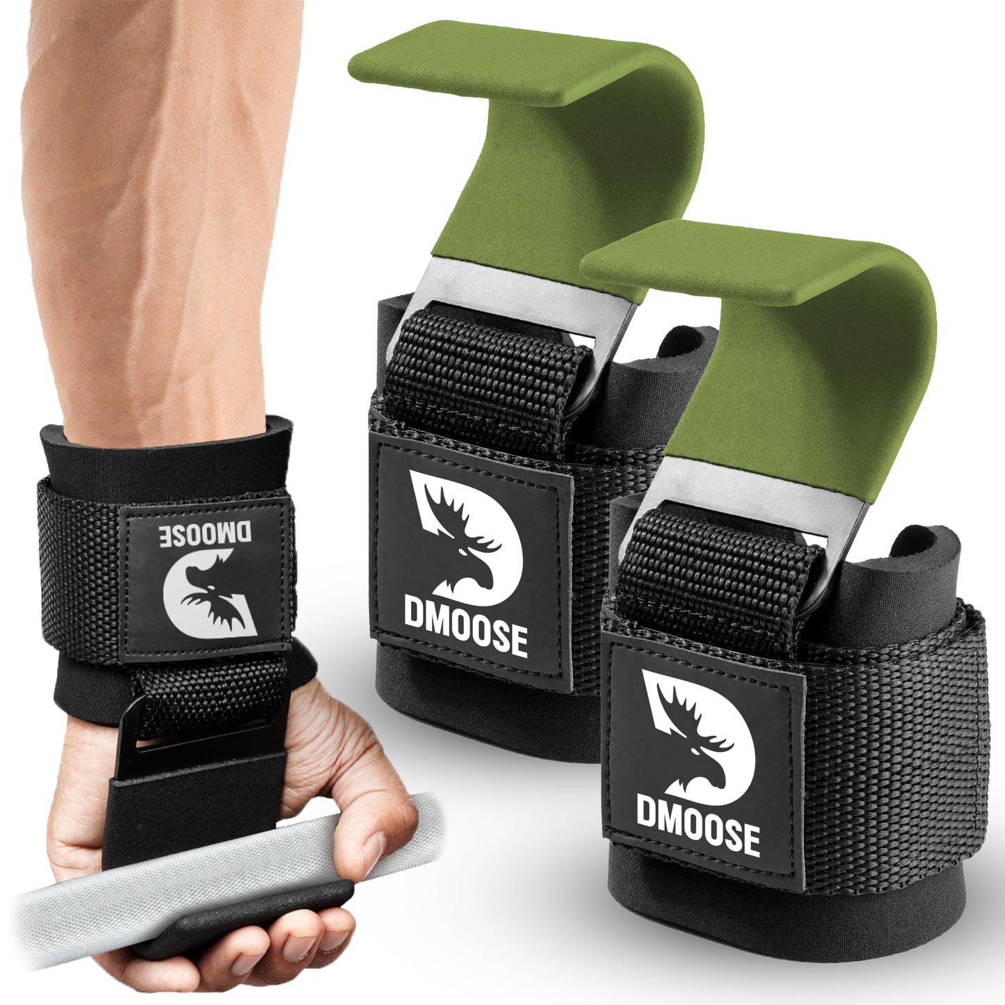 DMoose Fitness Weight Lifting Hooks (Pair) for Deadlifts, Pull Ups, Rows & Shrugs - Anti-Rip Nylon Strap Hand Grips with Thick Wrist Padding - Heavy Duty Wrist Straps for Weightlifting & Gym Workouts