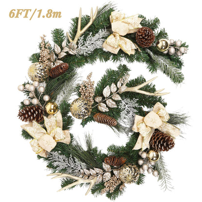 Adeeing Christmas Garland with Lights, Champagne Gold 6FT 20LED Pre-Lit Christmas Garland with Ball Ornaments, Ribbons, Pine Cones and Artificial Antlers for Door Mantle Stairs Christmas Decoration
