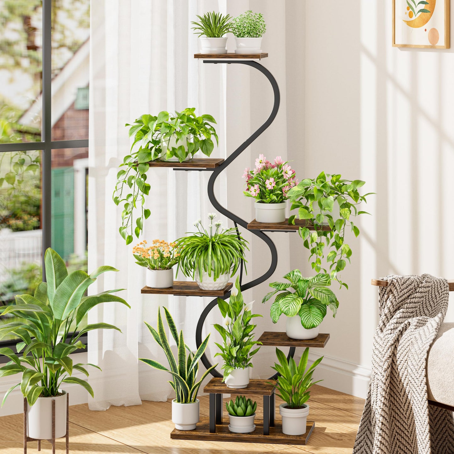 CODACE Plant Stand Indoor with Grow Lights - Tall Corner Plant Shelf, 7 Tiered Plant Stands for Indoor Plants, Metal Flower Plant Rack, Curved-Shaped Inoor Plant Holder for Living Room, Patio（Black