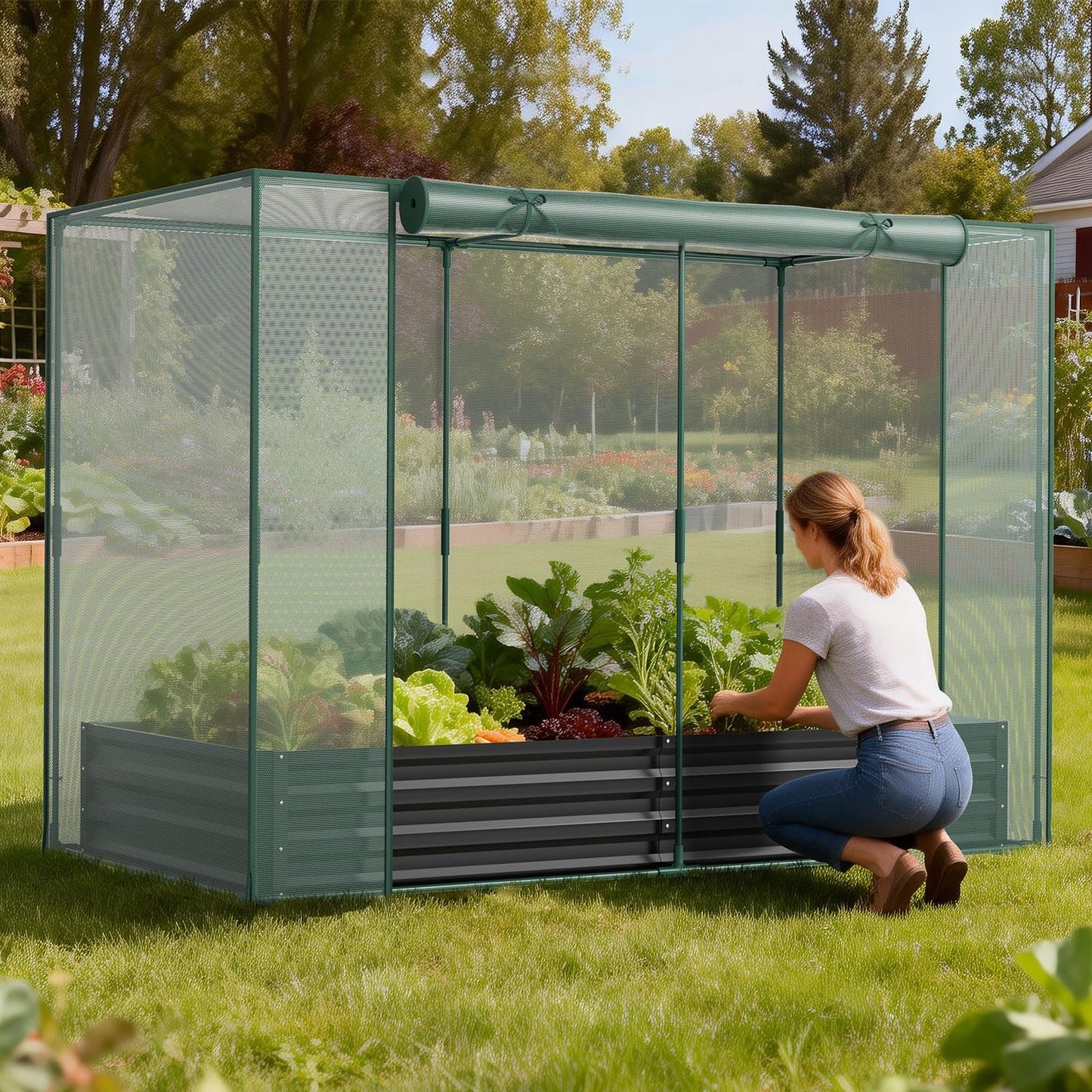 SUNYRISY Galvanized Raised Garden Bed with Protection Netting, Outdoor Metal Planter Box with Plant Crop Cage, Garden Box Protection for Gardening Vegetables Flowers Herbs Planting, Black