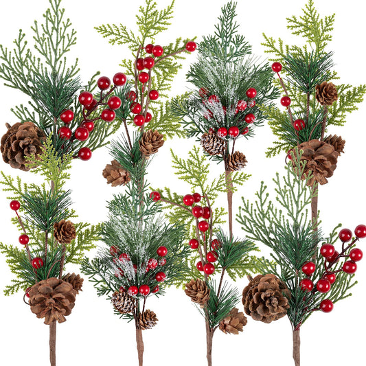 AnyDesign Artificial Christmas Picks Assorted Faux Pine Picks Red Berry Picks Stems Spray Twigs Evergreen Branches for DIY Holiday Art Gift Craft Garland Ornament Floral Arrangement Wreath (8 Pack)