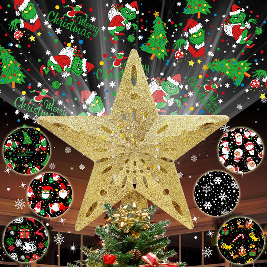 10" Christmas Tree Topper Star Lighted with 6 Projection Modes, Light Up Christmas Tree Topper Built-in LED Rotation Light, 3D Glitter Dynamic Projector Tree Top for Xmas Party Decorations Gift