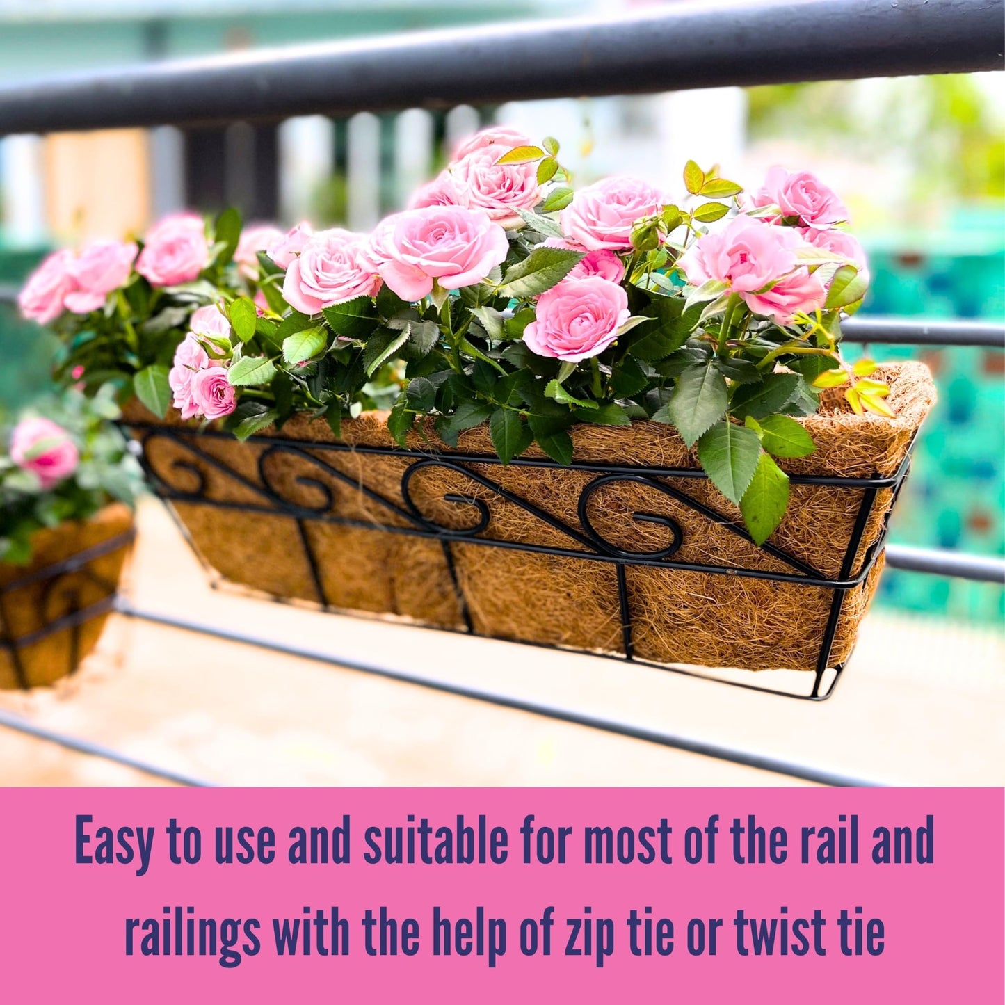 LaLaGreen Wall Mounted Planters - 16 Inch, 4 Pack Window Flower Boxes Basket Outdoor, Balcony Planter Over the Rail, Deck Railing Hanging with Coco Liners, Metal Horse Troughs Fence Patio Porch