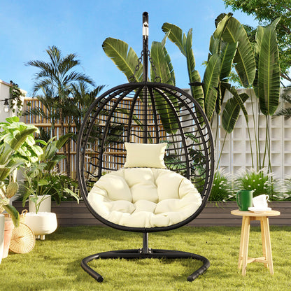 Merax Folding Hanging Egg Chair with Stand, Indoor Outdoor Wicker Hammock Swing Chair with Adjustable Anti-Slip Feet for Balcony, Bedroom, Garden