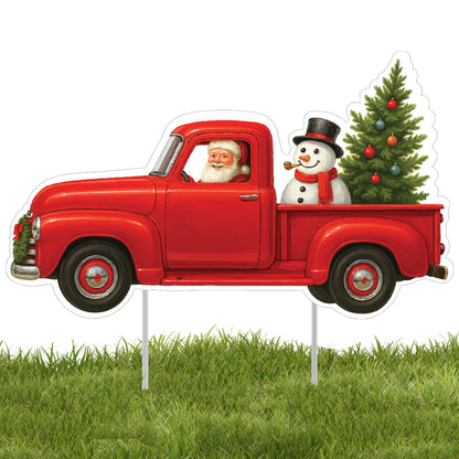Red Santa Truck Christmas Santa Claus Classic Yard Sign for Home Decor and Lawn Decoration With Stakes, Green Merry Christmas Sign