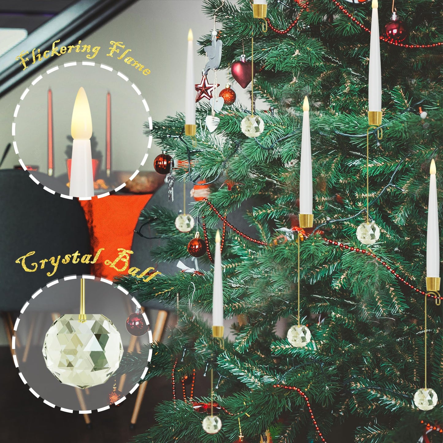 JOIONE Flameless Christmas Tree Candles with Remote, 12 Pack Battery Operated LED Candles for Christmas Tree Flickering Flame for Xmas Indoor Decor - Clear Crystal Ball