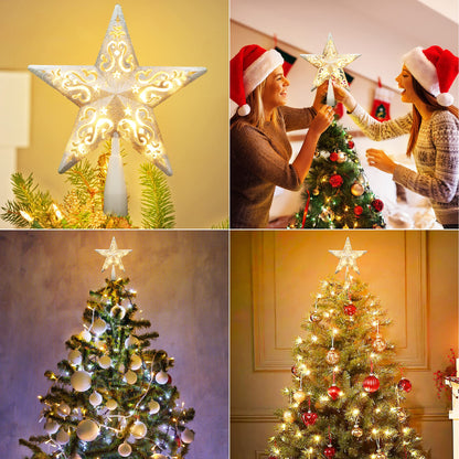 Brizled Star Christmas Tree Topper, 8" Glittered Hollow-out Tree top Star, Double-Sided 3D Tree Topper with 10 Lights, UL Certified Lighted Xmas Tree Topper for Holiday Christmas Tree Decor, Silver
