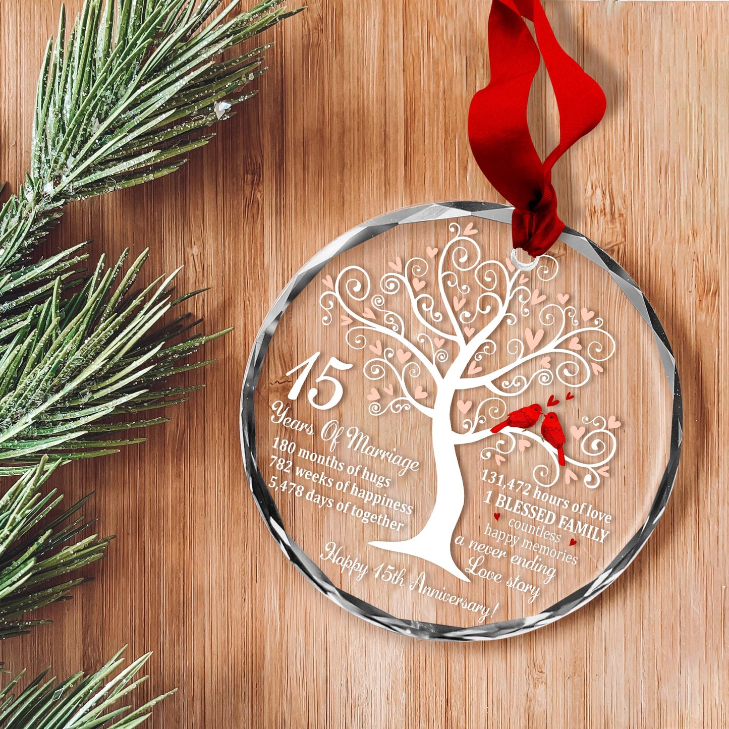 Bozspacer 15th Wedding Anniversary Ornament for Parents Couple Wife Husband - Crystal Anniversary Wedding Gift Ideas - Christmas Glass Ornament for 15 Years Marriage