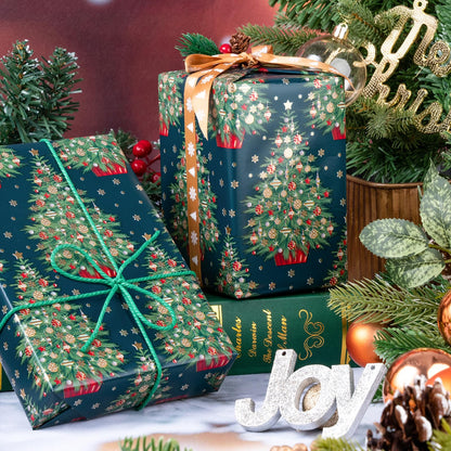 WRAPAHOLIC Reversible Green Christmas Wrapping Paper - Mini Roll - 17 Inch x 33 Feet - Green Christmas Tree Wrapping Paper for Holiday, Party Celebration