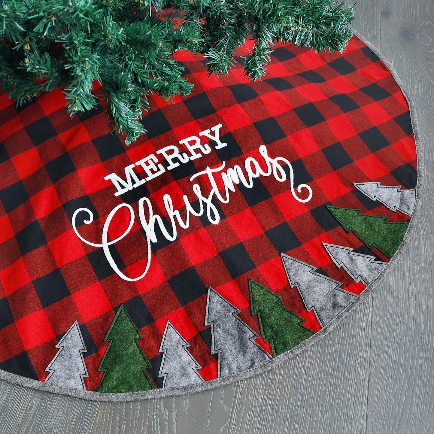 Juegoal 48 Inch Christmas Tree Skirt, Soft Red and Black Plaid Christmas Tree Mat for Xmas Party Decoration, Christmas Tree Holiday Decor