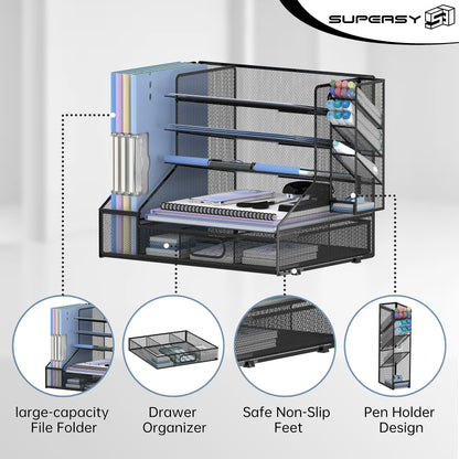 SUPEASY Desk Organizer with File Holder, 5-Tier Mesh Paper Letter Tray and 3 Tilted File Sorter for Office Supplies, Black