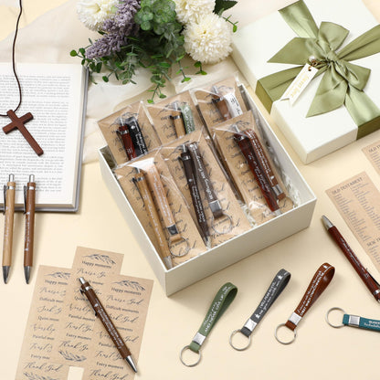 Gueevin 30 Sets Easter Christian Church Gift Bulk Bible Verse Bamboo Pens Religious Bookmarks and Scripture Silicone Keychains Appreciation Gift for Employee Nurse Women Men Pastor Teacher Sunday