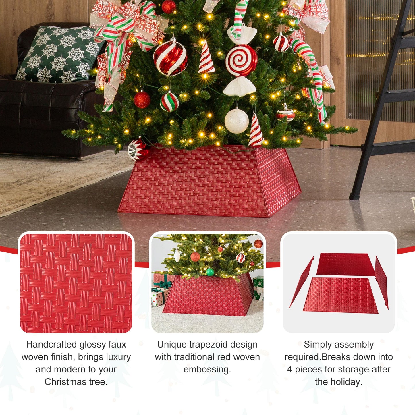 Glitzhome 25.75" L Trapezoid Red Metal Weave Tree Collar, Rustic Christmas Trees Stand Cover Tree Ring for Home Festive Party Decor