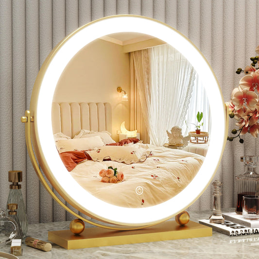 Vanity Mirror with Lights, 12 Inch Light Up Makeup Mirror, LED Makeup Mirror with Lights for Bedroom Tabletop, Smart Touch Control 3 Colors Dimmable, 360° Rotation, White