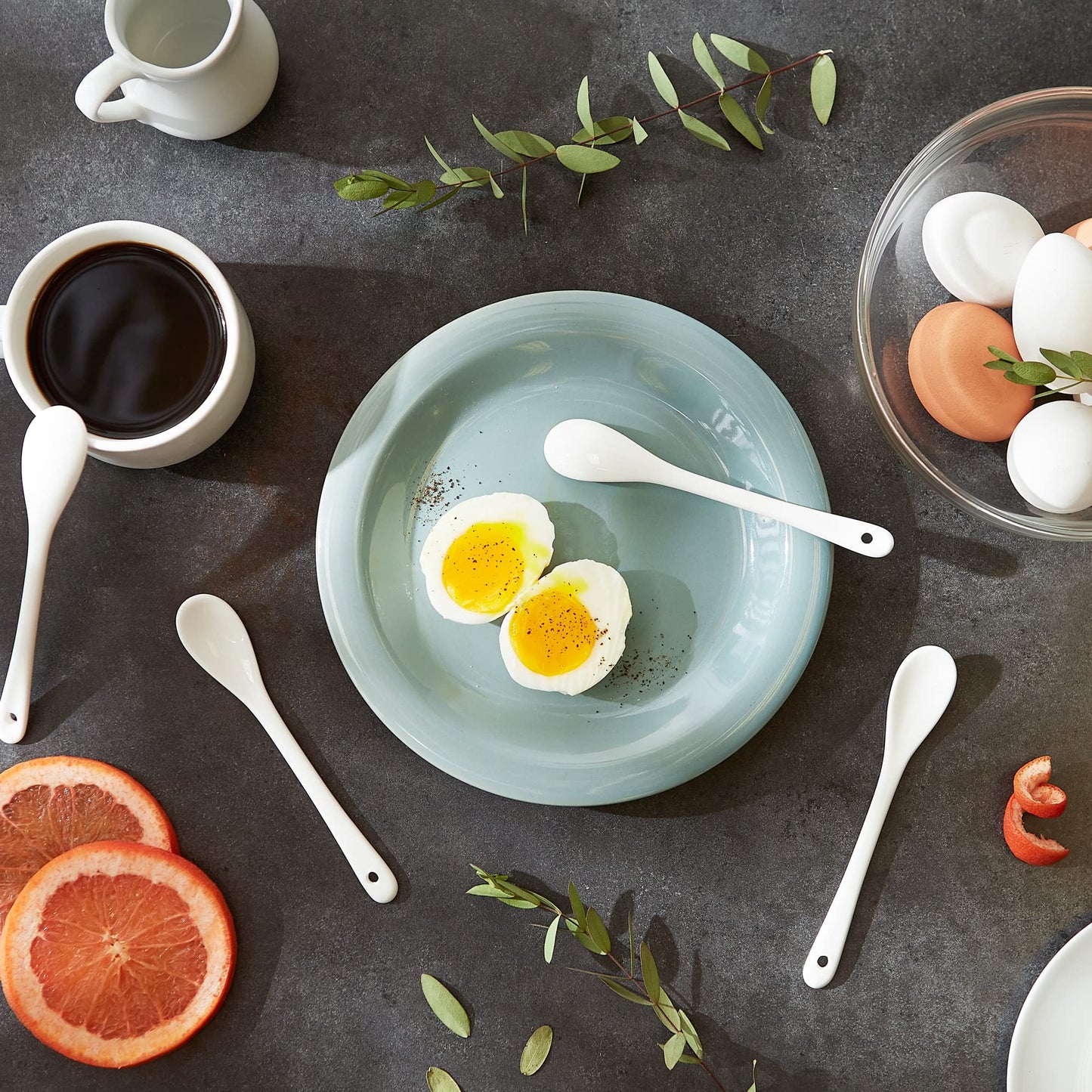 RSVP International Poached Egg Spoon, 4 Piece Set Multipurpose Use for Serving Jam, Honey or Soft Boiled Eggs, 5.5" Length, White Porcelain