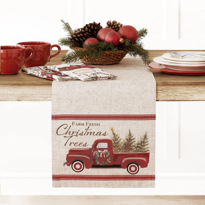 Newbridge Christmas Pine Hill Tree Farm Fresh Red Truck 72 Inch Long Table Runner, Nostalgic Retro Holiday Country Farm Truck No Iron and Stain Resistant Table Runner for Party, Banquet and Buffet