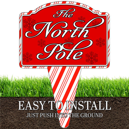 North Pole Santa Home Candy Cane Christmas Holiday Yard Sign For Lawn Grass Home or Business Front Door Durable Metal Built In Stake St. Nicholas Claus Xmas