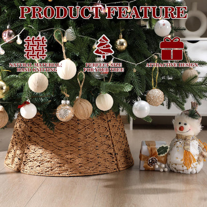 Poen Woven Rattan Christmas Tree Collar, Neutral Wicker Tree Skirt, Rustic Farmhouse Christmas Stand Base Cover Decor Handmade X-Shape Weave Design(Khaki,24 Inch)