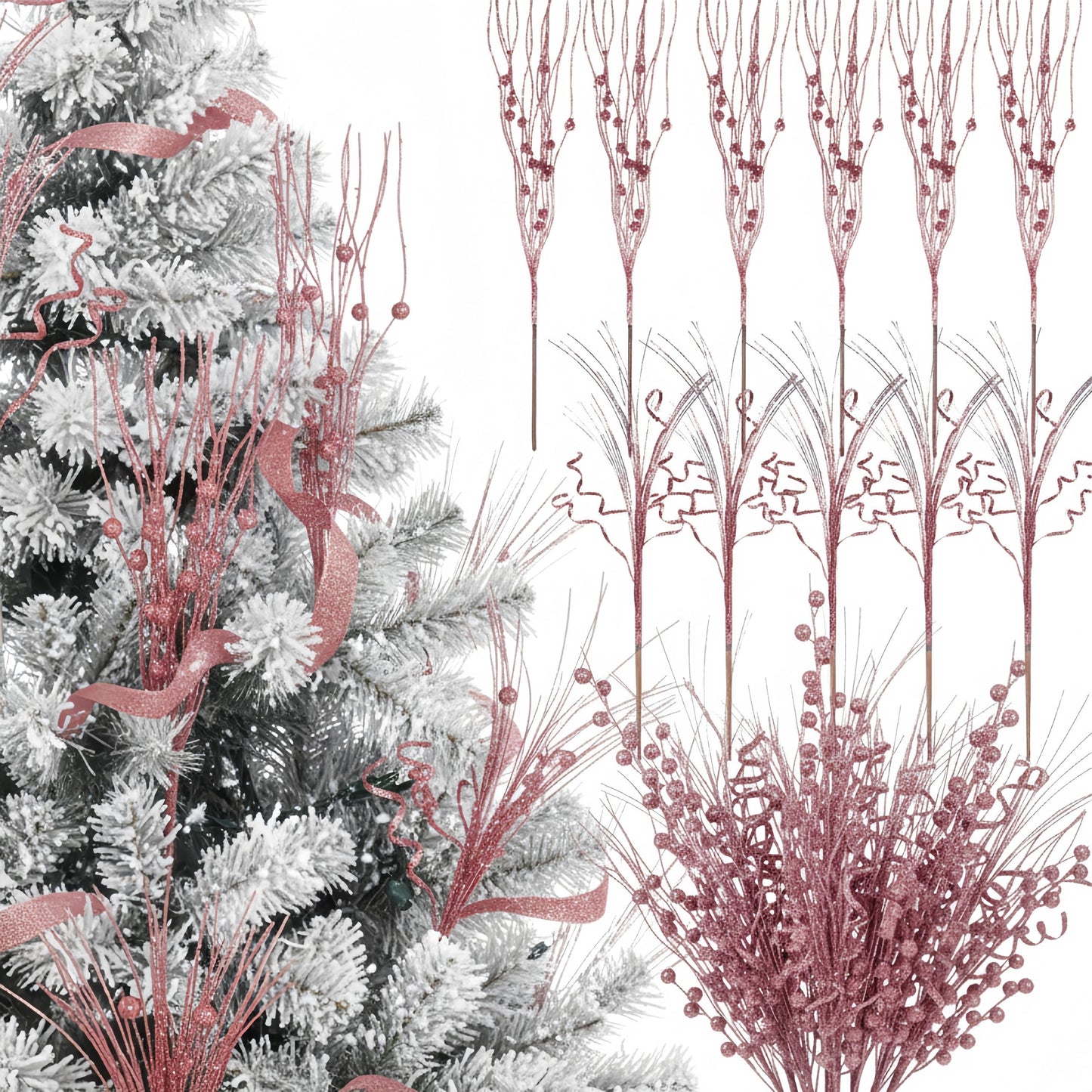 Crowye 24 Pcs Christmas Tree Picks and Sprays Christmas Tree Filler Decorations Artificial Glitter Berry Stems Branches Picks for Xmas Trees Topper Glittery Twigs for Vases Wreath Decor(Rose Gold)