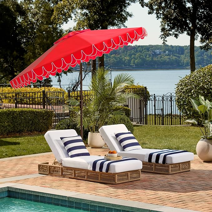 SAFAVIEH 9ft Outdoor Patio Umbrella, Round, Valance, Red & White Trim, Auto Crank Tilt, UV Resistant for Deck, Backyard, Poolside (PAT8006D)